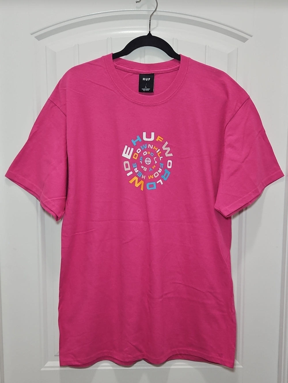 HUF Hot Pink Multicolor Circular Logo Graphic Tee New Large Unisex